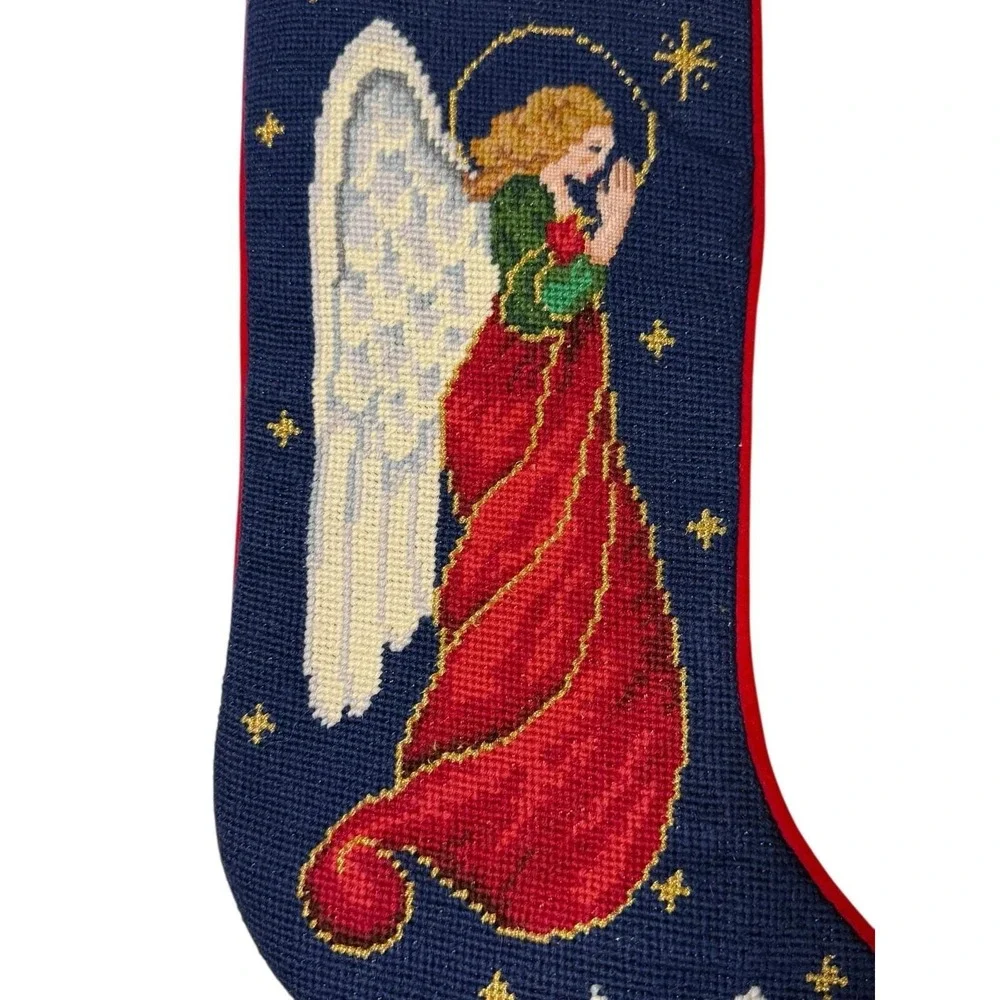 Vintage Wool Needlepoint Christmas Stocking Angel Holiday Petit Point Decor 20